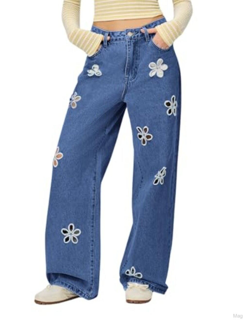 Wide Leg Baggy Barrel Jeans Mid Rise Hollow Out Flower Denim Pants